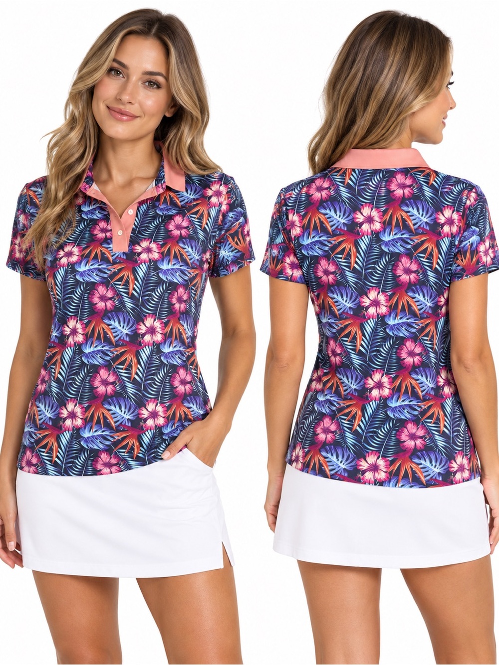 Report Collection Women’s Performance Golf Polo Small Tropical Floral Hibiscus P
